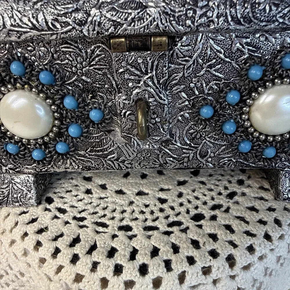 Vtg. 1970s Decorative Handmade Silver Tone Jewelry Box Turquoise Ruby Pearl Bead